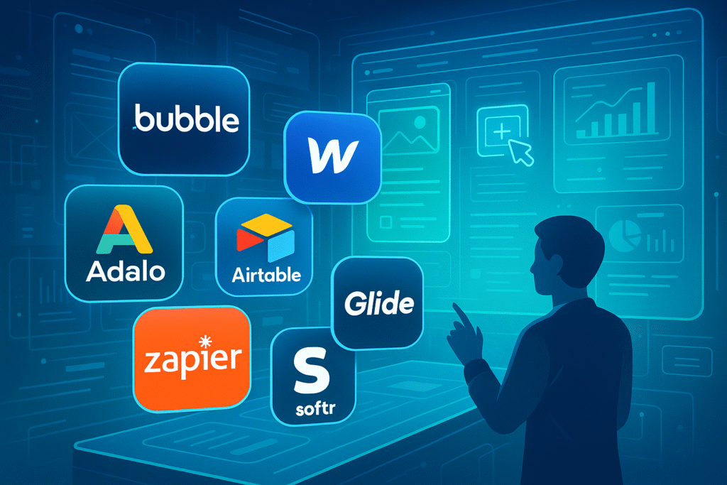 Illustration of non-developers using laptops and tablets to build websites and apps using no-code tools in a modern tech workspace, 2025 futuristic style