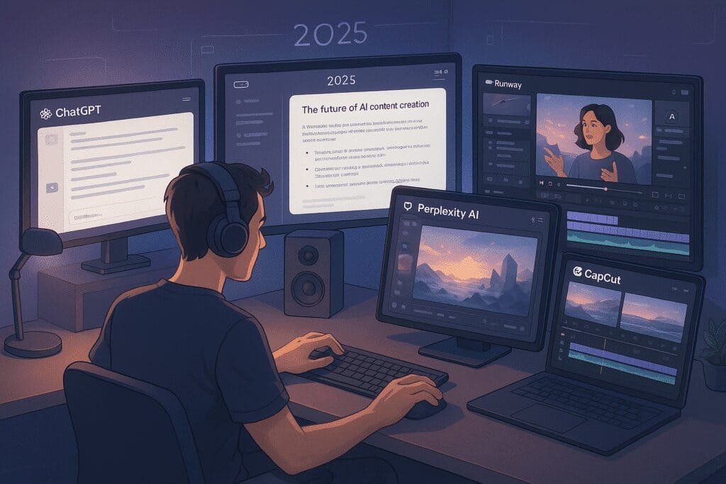 A digital workspace showing a creator using top free AI tools like ChatGPT, Claude, and Perplexity to build content in 2025