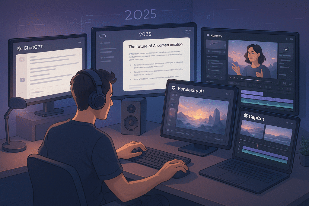 A digital workspace showing a creator using top free AI tools like ChatGPT, Claude, and Perplexity to build content in 2025