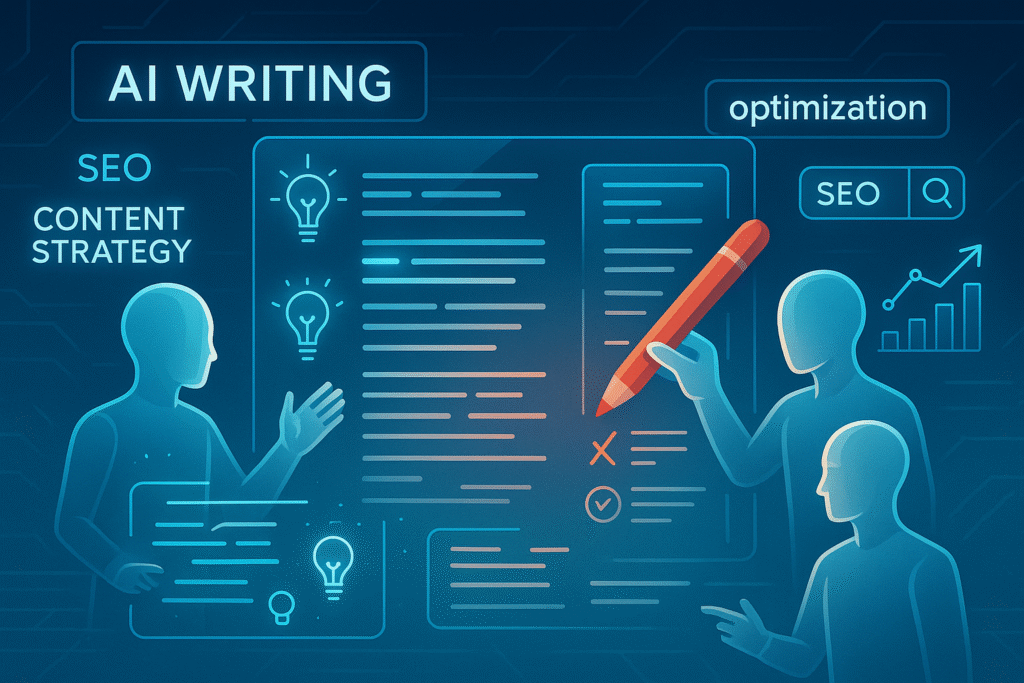 Futuristic digital workspace featuring AI agents assisting with writing, editing, and SEO tasks. One AI generates text, another edits with grammar tools, and a third optimizes keywords and rankings on a holographic screen. Floating keywords like “AI writing,” “SEO optimization,” and “content strategy” appear in the scene. Sleek tech environment with glowing blue and white tones.