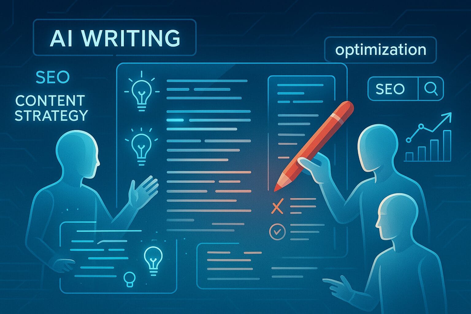Futuristic digital workspace featuring AI agents assisting with writing, editing, and SEO tasks. One AI generates text, another edits with grammar tools, and a third optimizes keywords and rankings on a holographic screen. Floating keywords like “AI writing,” “SEO optimization,” and “content strategy” appear in the scene. Sleek tech environment with glowing blue and white tones.