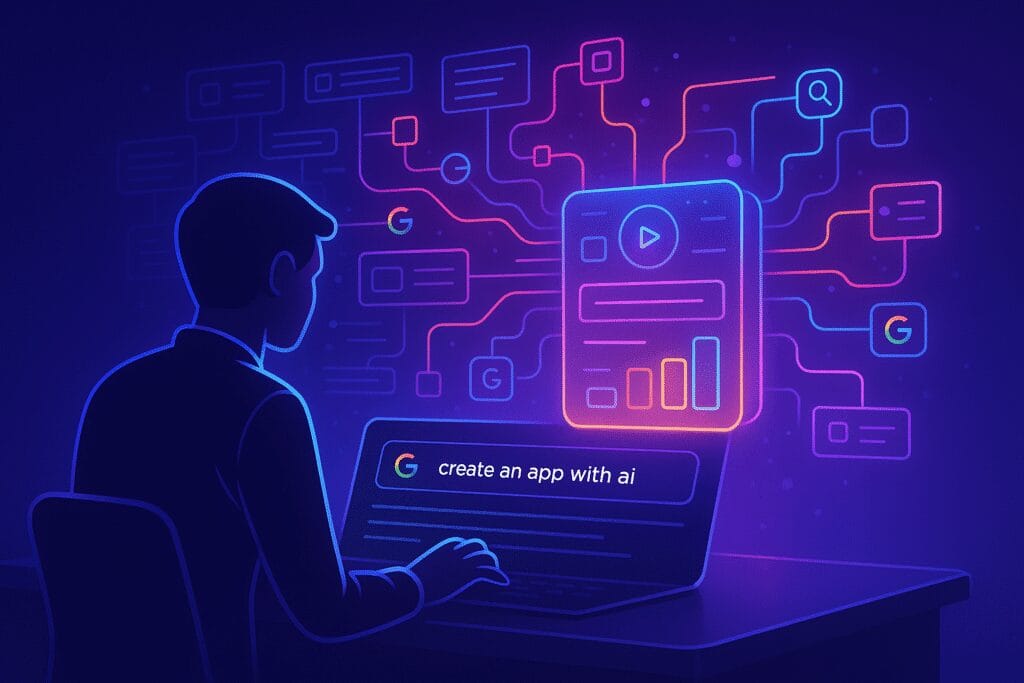 person using AI to build software via natural language in Google Opal interface.