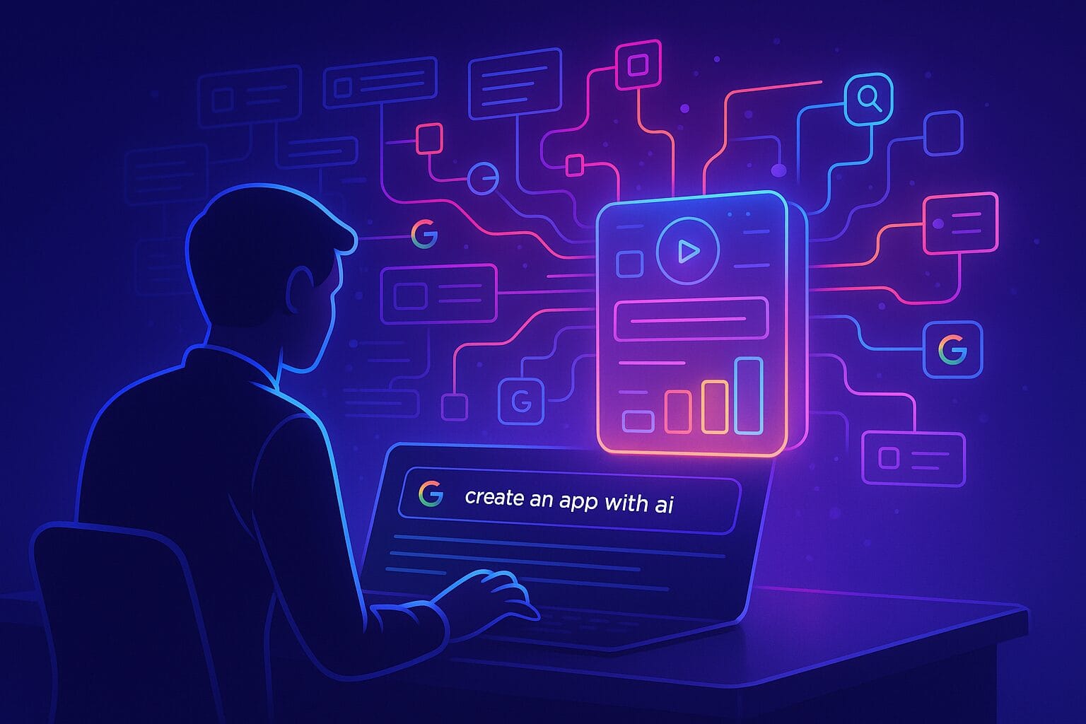 person using AI to build software via natural language in Google Opal interface.