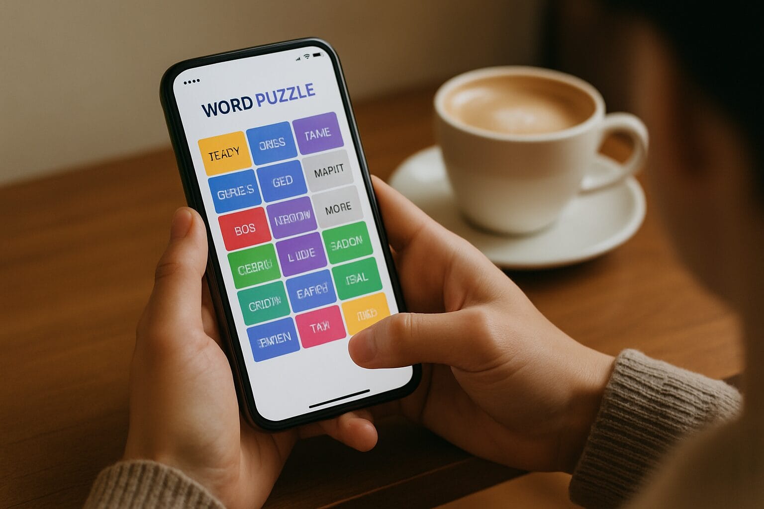 A person playing a digital word puzzle game on a phone with a colorful grid of letters.