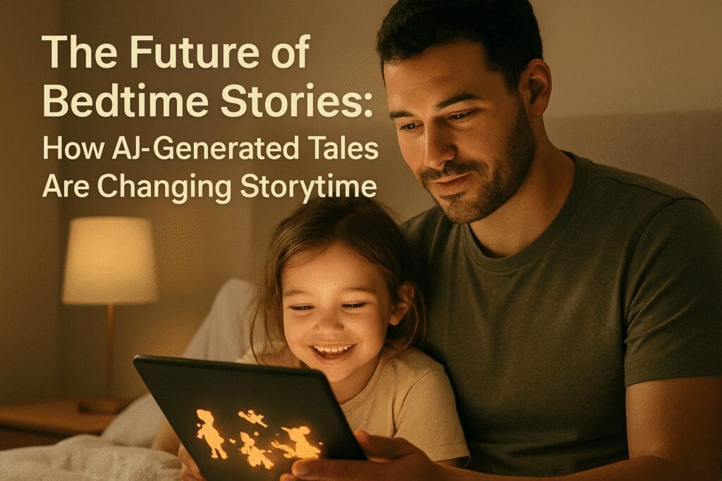 "A parent reading a digital bedtime story to their child at night, with the blog title 'The Future of Bedtime Stories: How AI-Generated Tales Are Changing Storytime' displayed on the image."