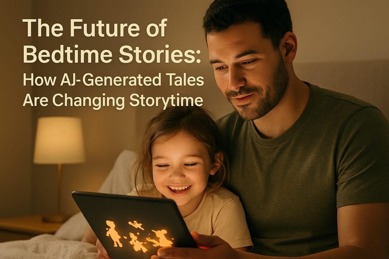"A parent reading a digital bedtime story to their child at night, with the blog title 'The Future of Bedtime Stories: How AI-Generated Tales Are Changing Storytime' displayed on the image."