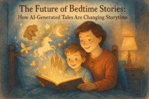 "Parent and child reading an AI-generated bedtime story together, with magical illustrations and the title 'The Future of Bedtime Stories: How AI-Generated Tales Are Changing Storytime' on the image."