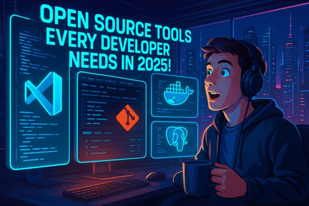 Futuristic 2025 developer workspace with glowing holographic screens showing code, GitHub, VS Code, Docker, and PostgreSQL logos, neon city skyline background.