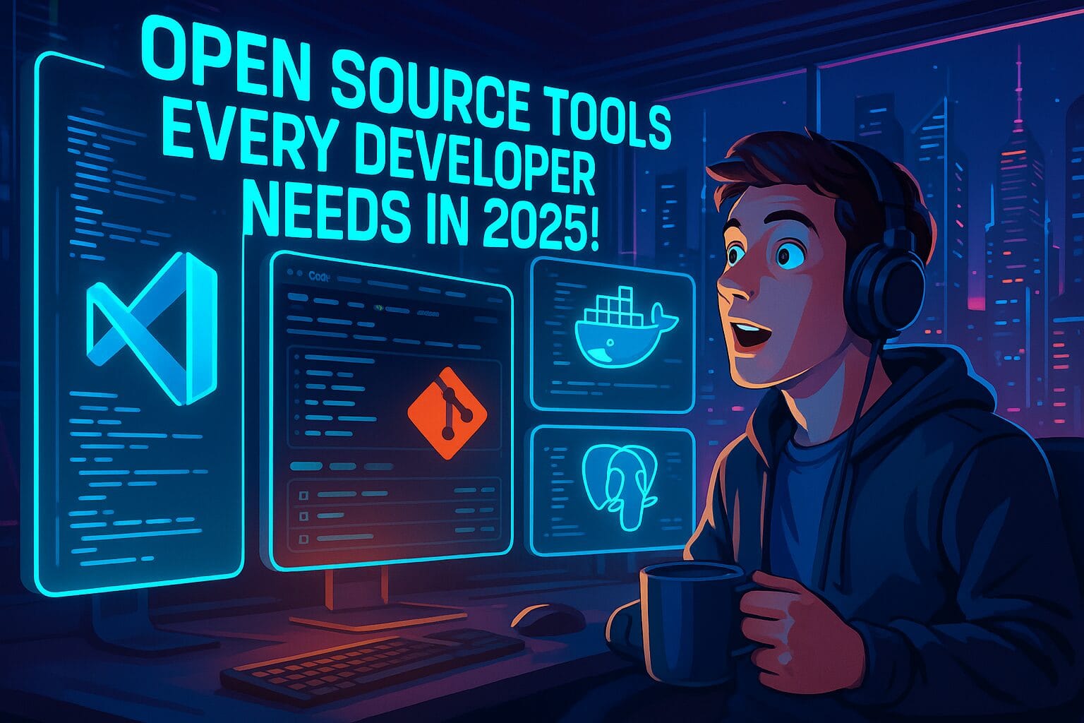 Futuristic 2025 developer workspace with glowing holographic screens showing code, GitHub, VS Code, Docker, and PostgreSQL logos, neon city skyline background.