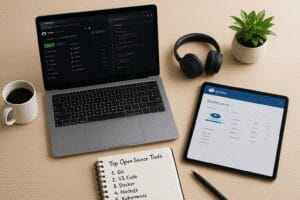 lat-lay of a 2025 developer desk with laptop showing GitHub and VS Code, tablet displaying Docker dashboard, handwritten “Top Open Source Tools” list, coffee, and headphones.